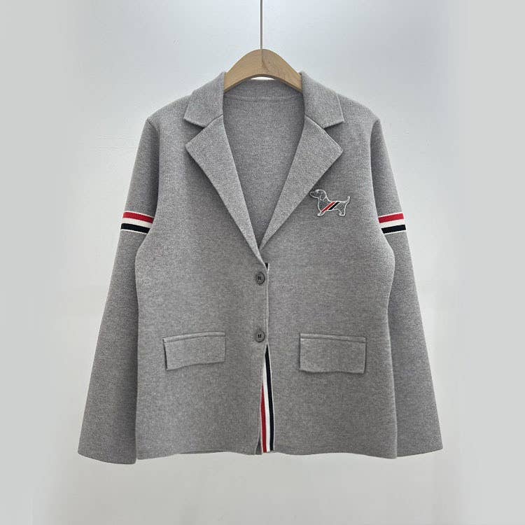 Sanyao Fashion - Vente Cardigan – femme - Cardigan en maille gris à col de costume avec détail rayé0