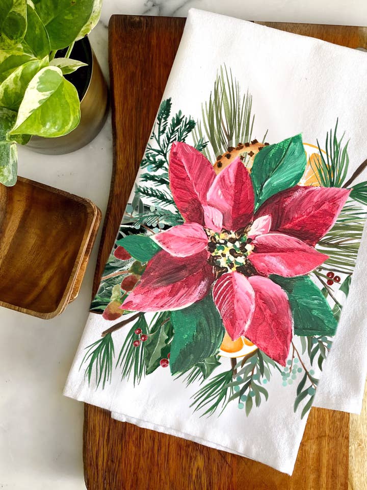Poinsettia Floral Bouquet Tea Towel for wholesale by Jennifer Rizzo Design Company
