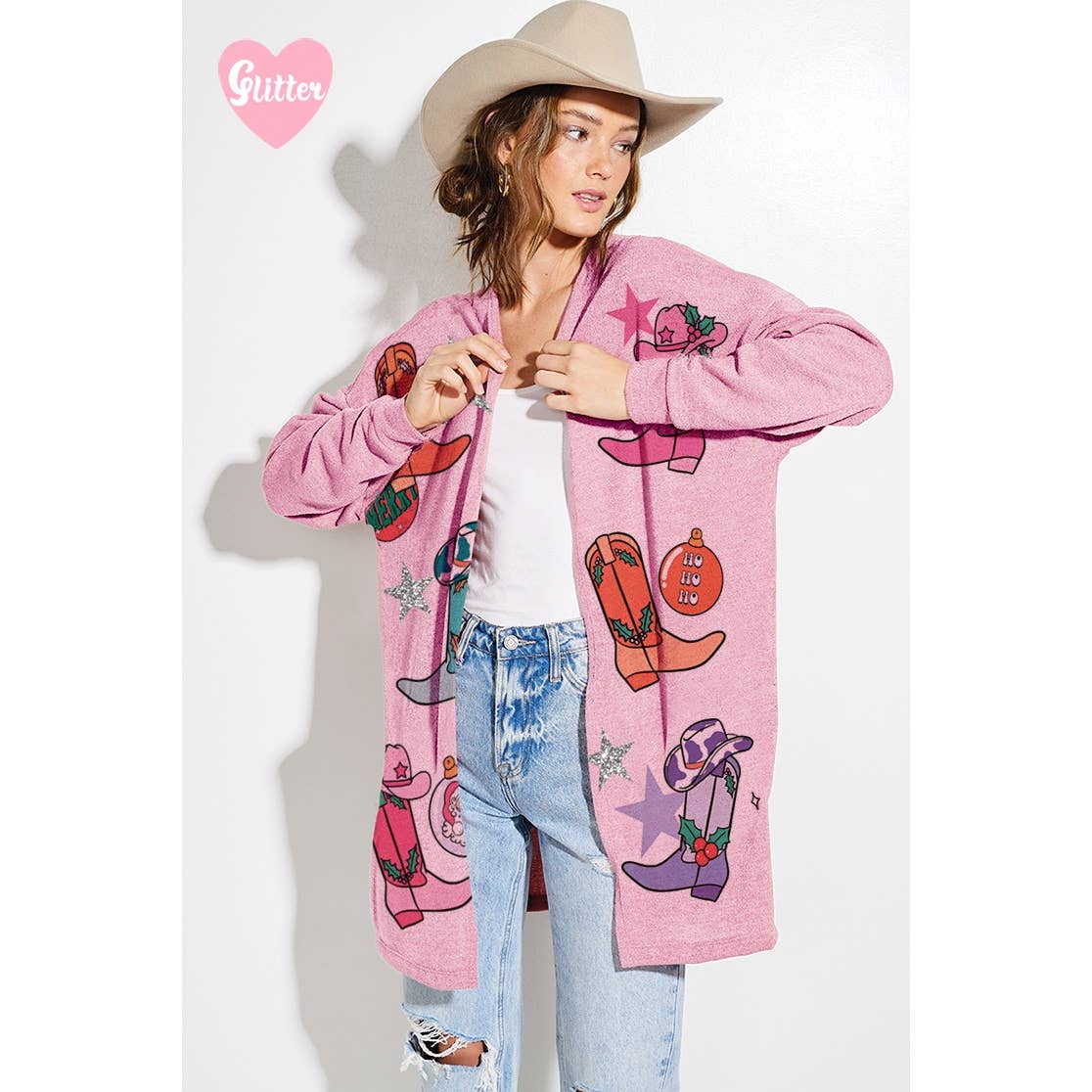 Phil Love - Wholesale Cardigan - Women's - Christmas Cowgirl boots Glitter Knit Cardigan3