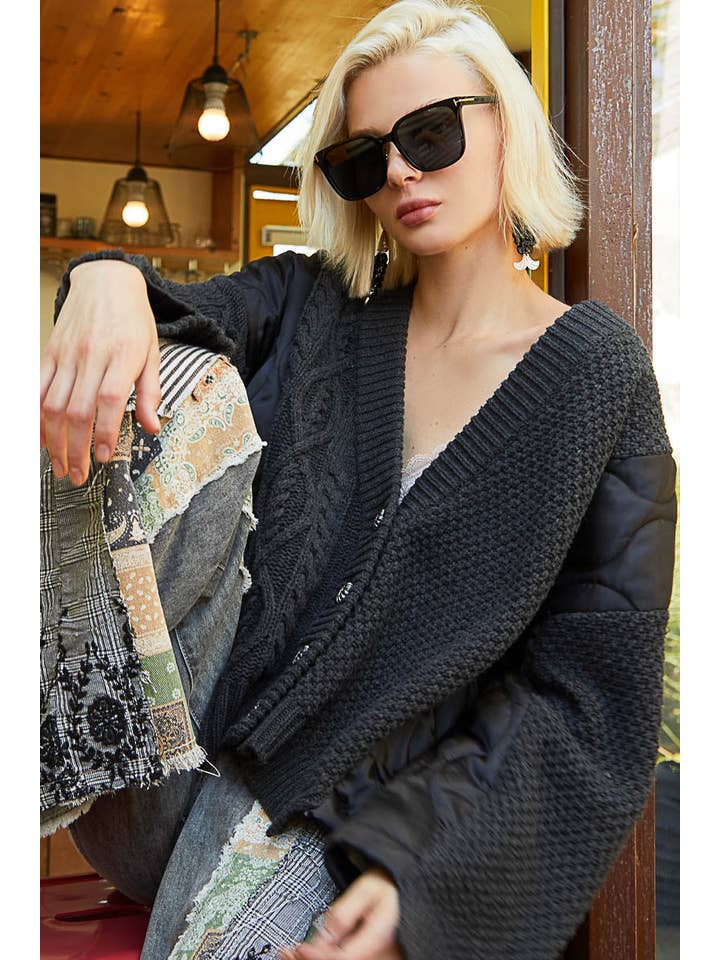 Pol Clothing - Wholesale Cardigan - Women's - Quilting patch contrast solid button down sweater SALE