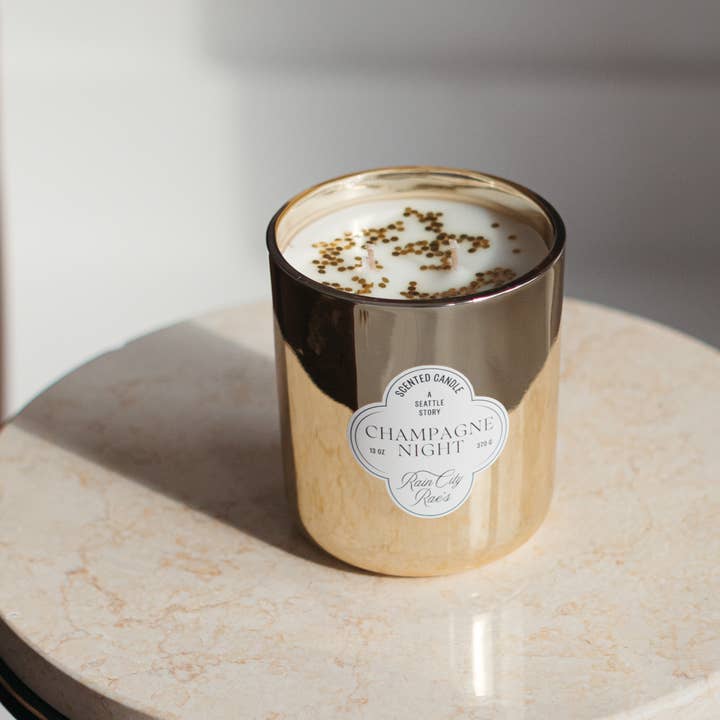 Champagne Night 13 oz Luxury Candle | Metallic Gold + Glitter for wholesale by Rain City Rae's