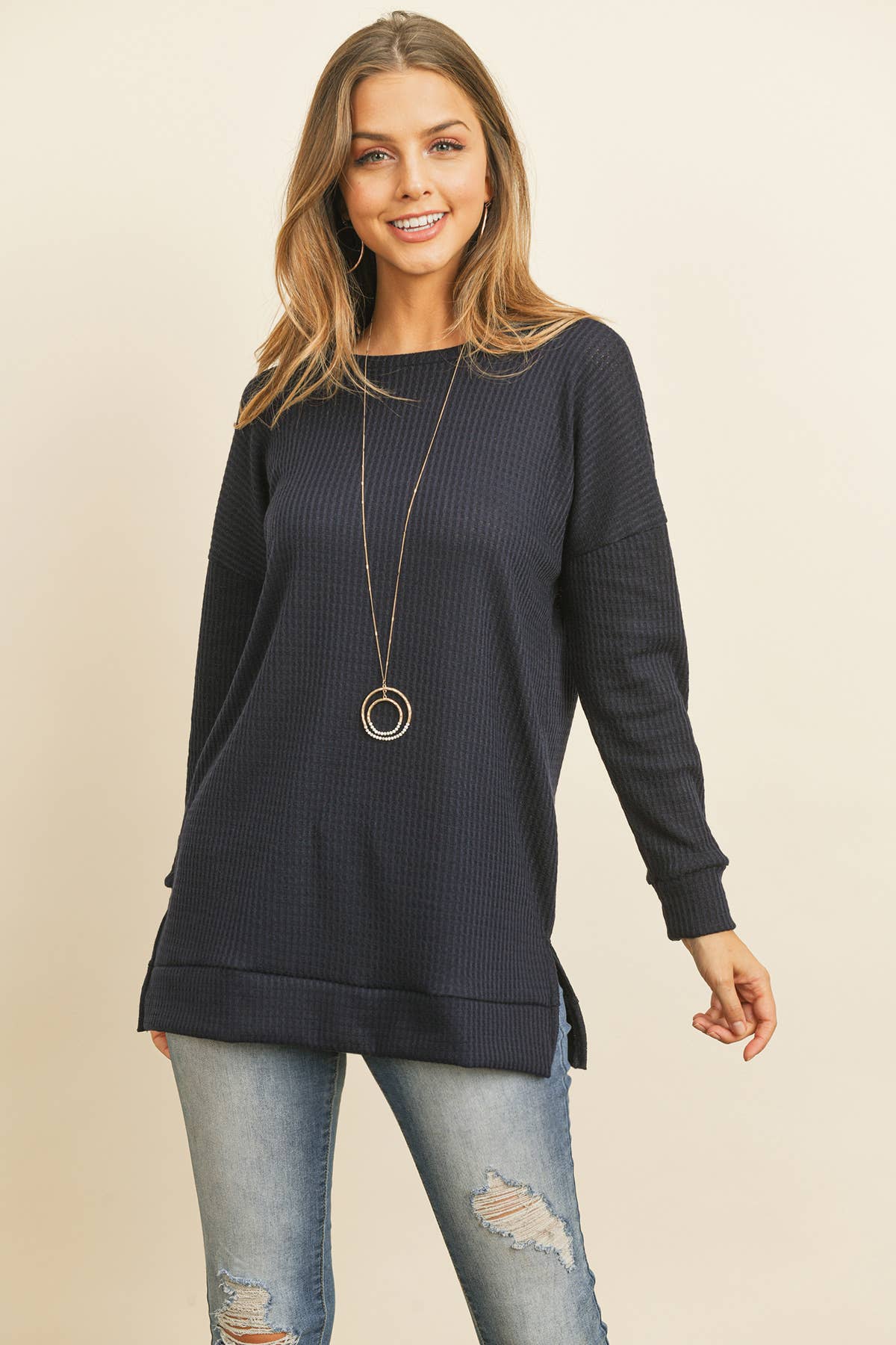 You & Me – wholesale Tunic sweater – Women’s – YMT20075V-BRUSHED WAFFLE ROUND NECK SIDE SLIT SWEATER11