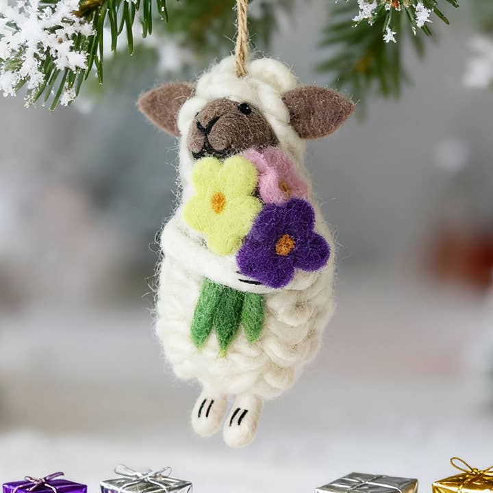 Handmade Wool Felt Sheep Ornament with Flowers for wholesale by Sparkle Being