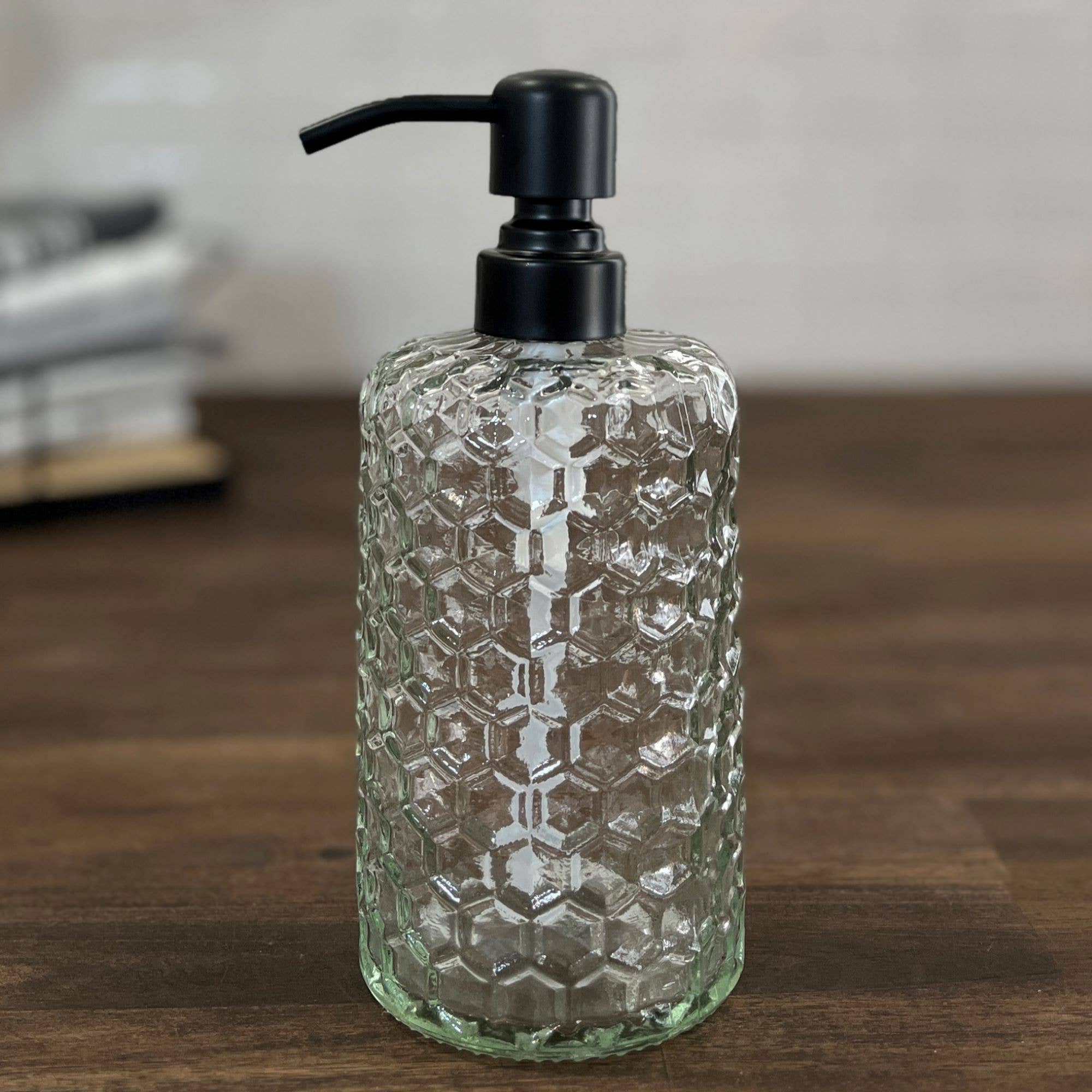 The Bottle Shoppe - Wholesale Soap Dispenser - 14oz Honeycomb Glass Soap Dispenser bottles with metal pumps0