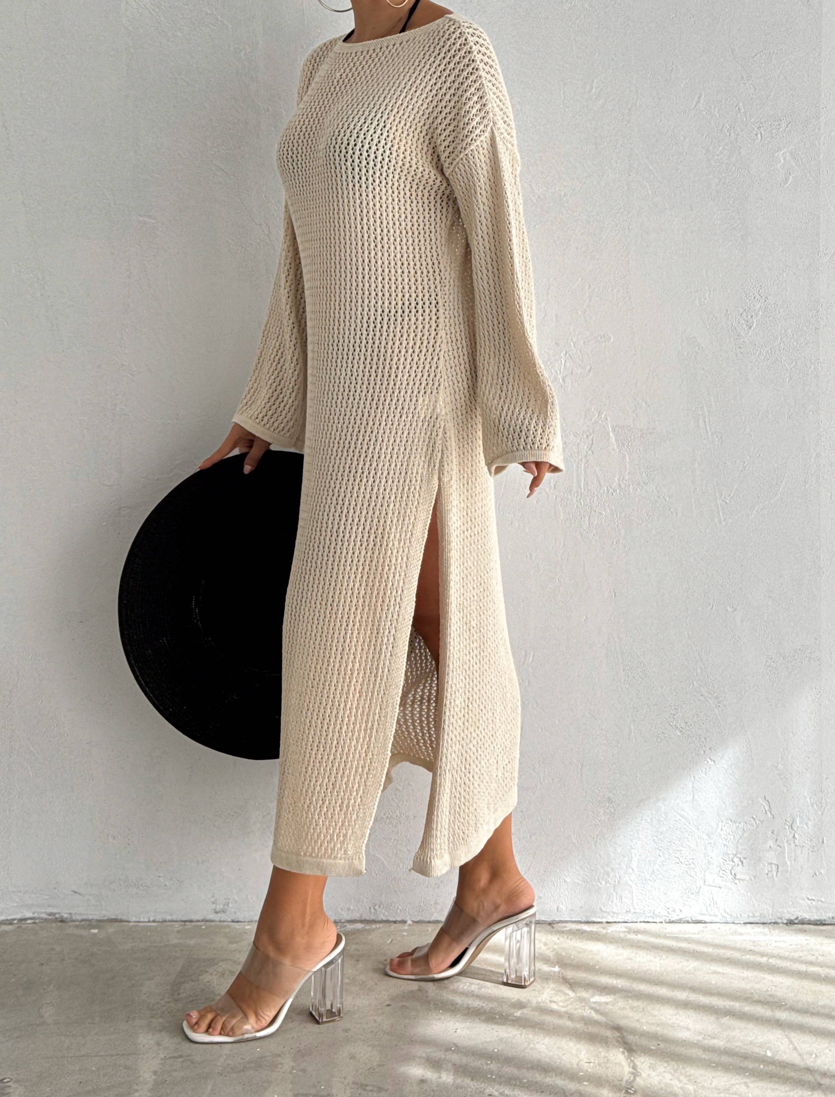 VAV NEW YORK - Wholesale Dress - Women's - Maxi Hallow Knit Dress Long Sleeve Cover-Up Open Knit Dress2