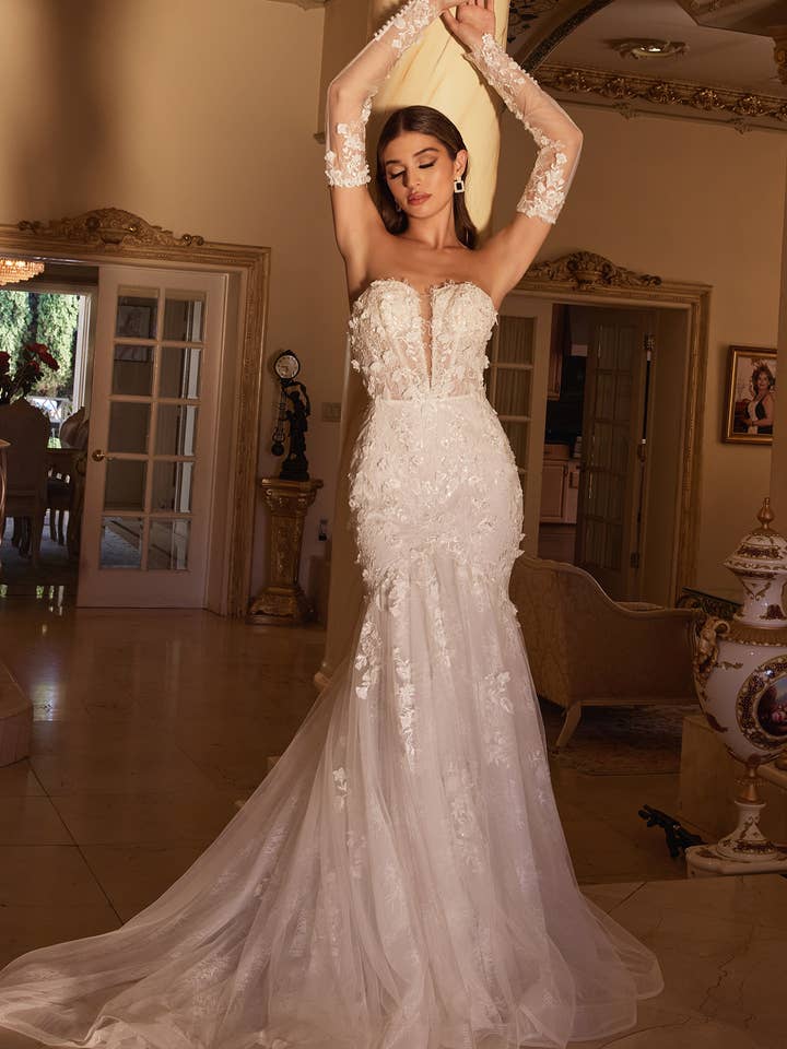 Vestido de novia sirena con mangas largas de encaje para venta al por mayor de Ladivine by Cinderella Divine