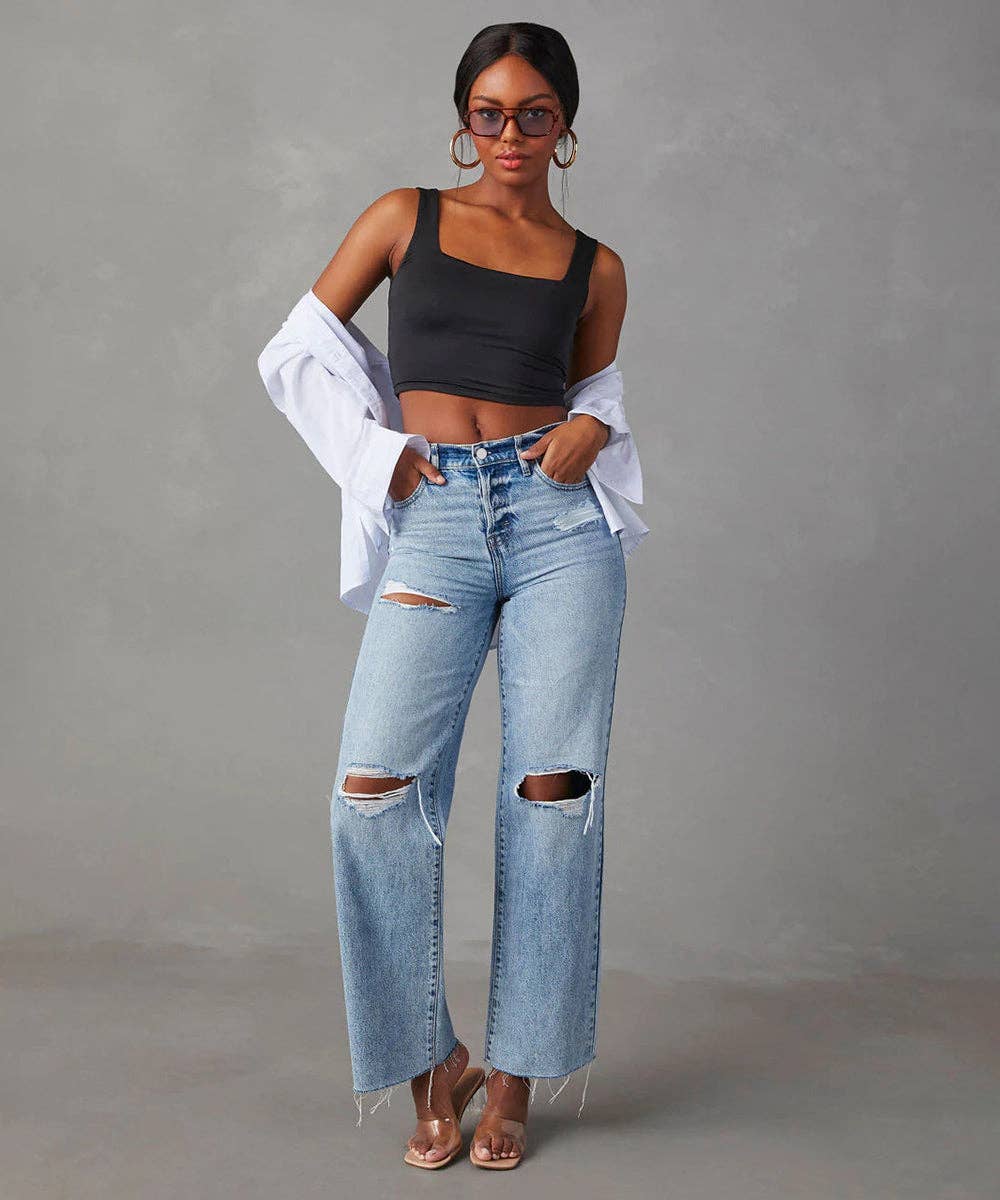 Blue Fringe Hem Straight Leg Jeans for wholesale on Faire0