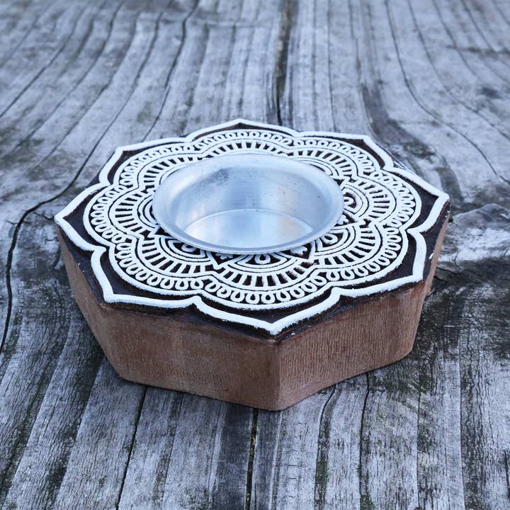 Tribal Trade GmbH - Wholesale Candle Holder - Tealight holder wood rosette large flower candle holder10