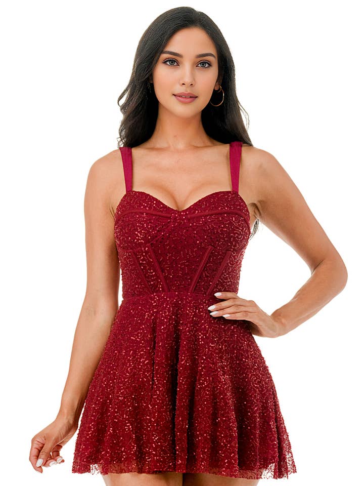 Red CD55606: Beaded Sequin Fit & Flare Mini Dress for wholesale on Faire