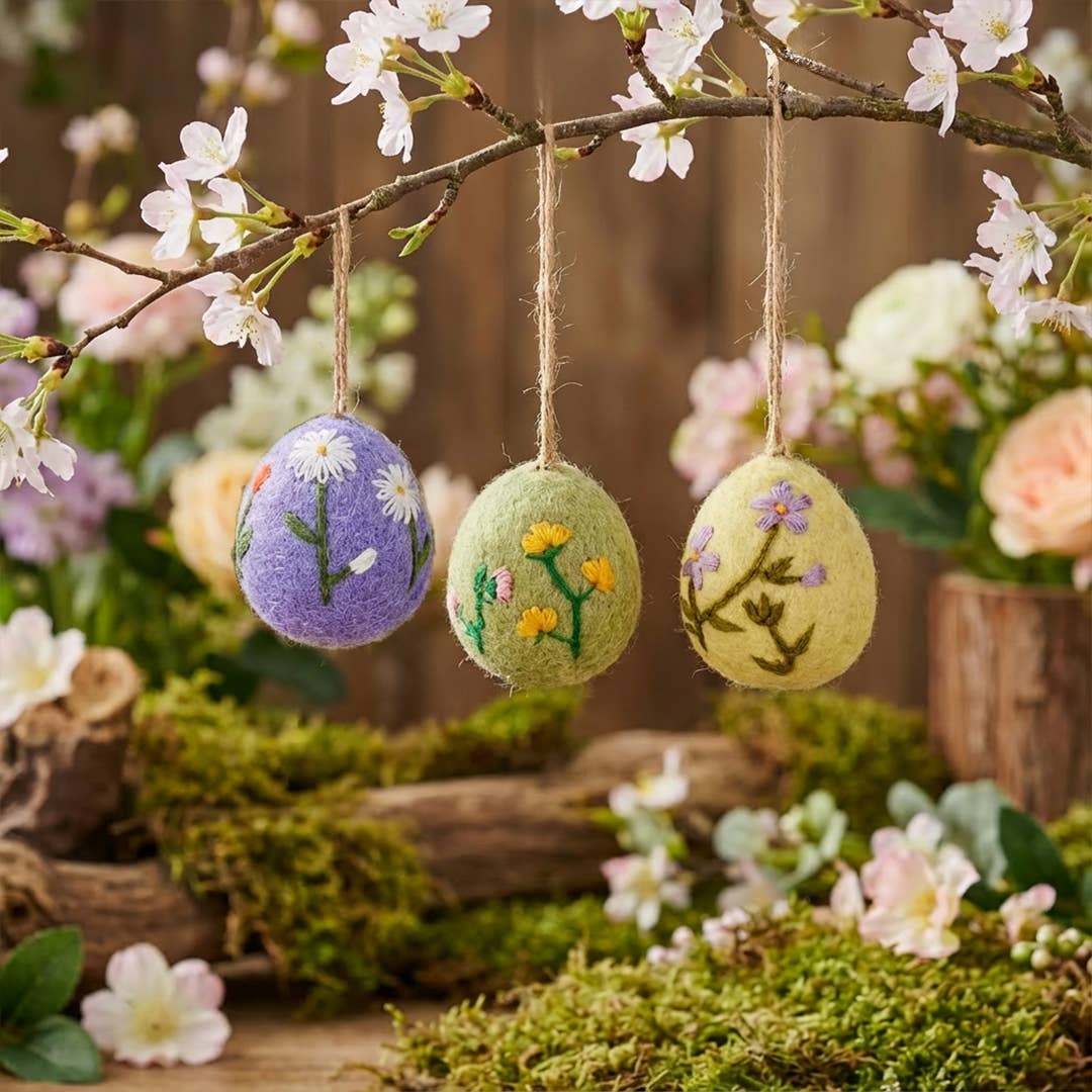 Felt So Good – wholesale Prydnadsset – Handgjorda Filtägg med Broderade Blommor, Set om 3 Påskdekorationer
