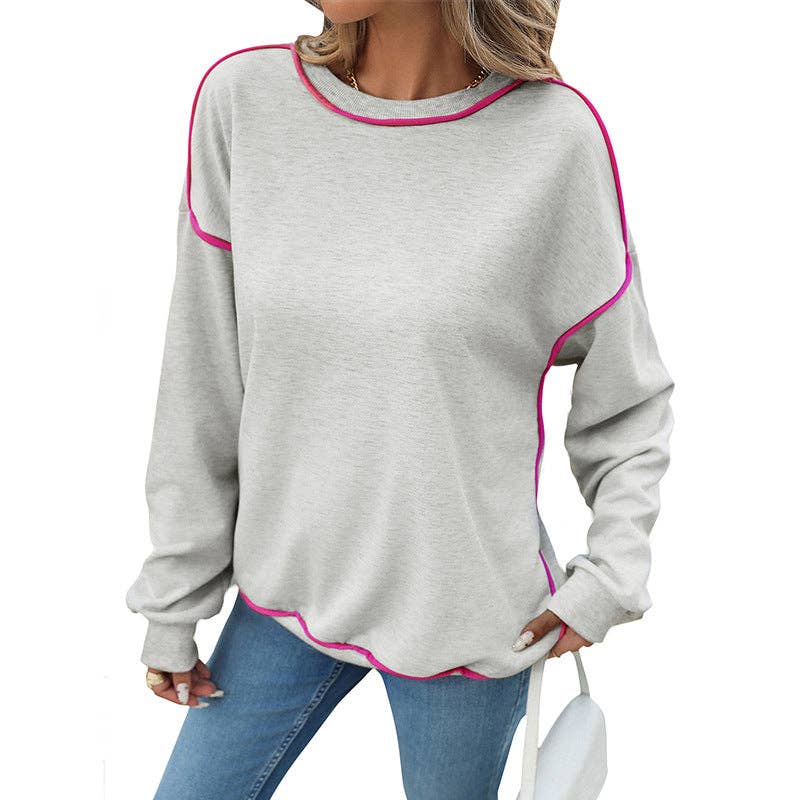 Light Gray Women's Casual Crewneck Contrast Stitch Pullover Sweatshirt for wholesale on Faire6