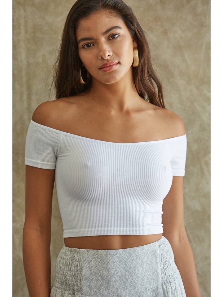 By Together - Wholesale Knit Top - Women's - S1054 | Knit Seamless Ribbed Off Shoulder Crop Top