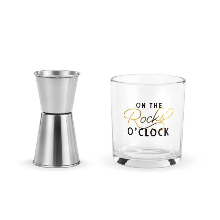 Rocks o' Clock Rocks Glass & Jigger Set for wholesale by DEMDACO