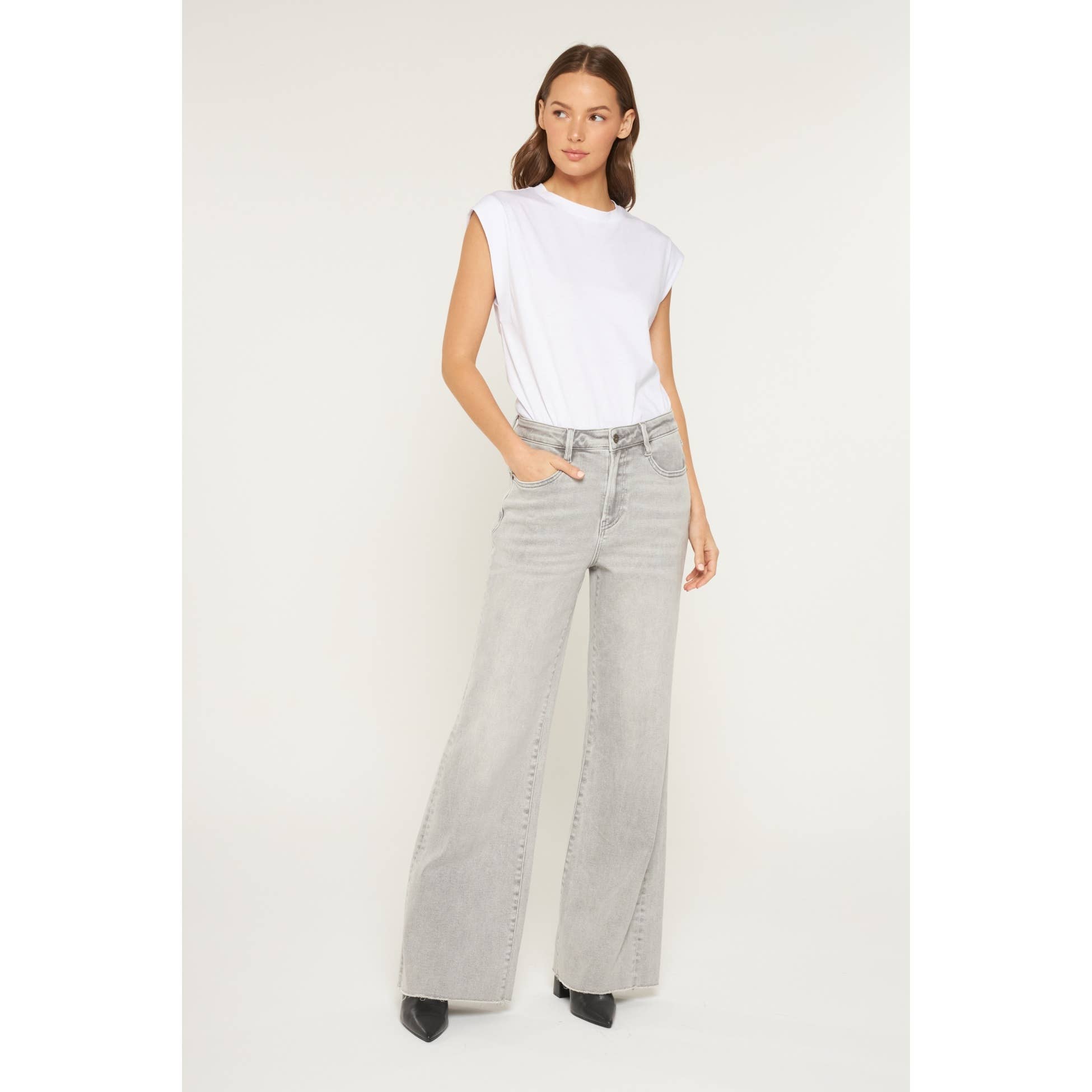 PLATINUM GREY SUPER HIGH WIDE LEG WITH RAW HEM for wholesale on Faire2