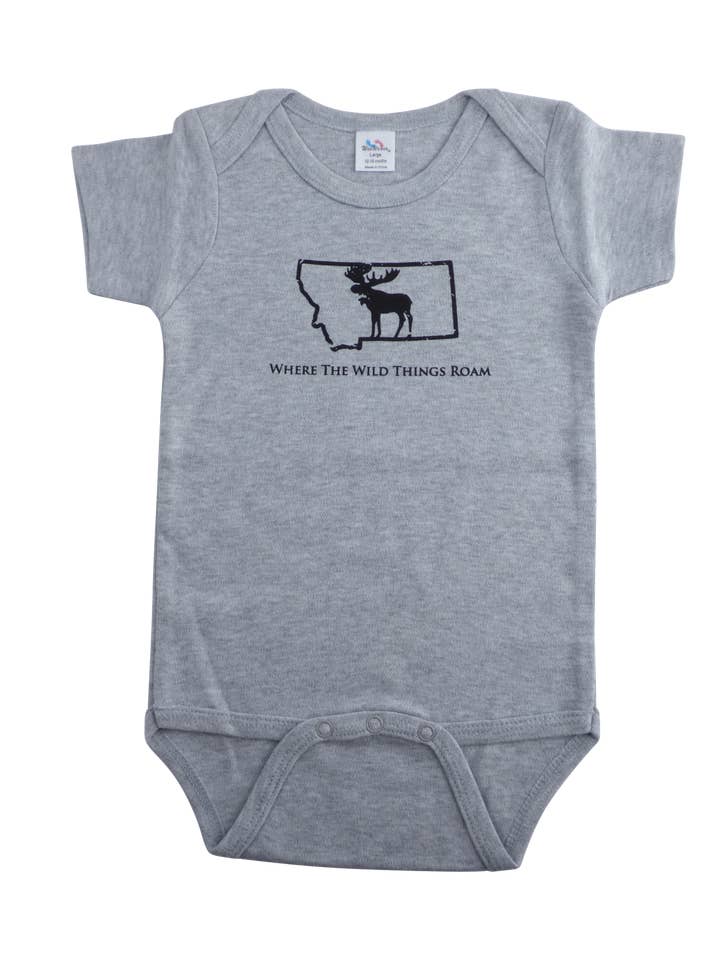 Grå med svart vild älg Onesie för wholesale av Montana Tees