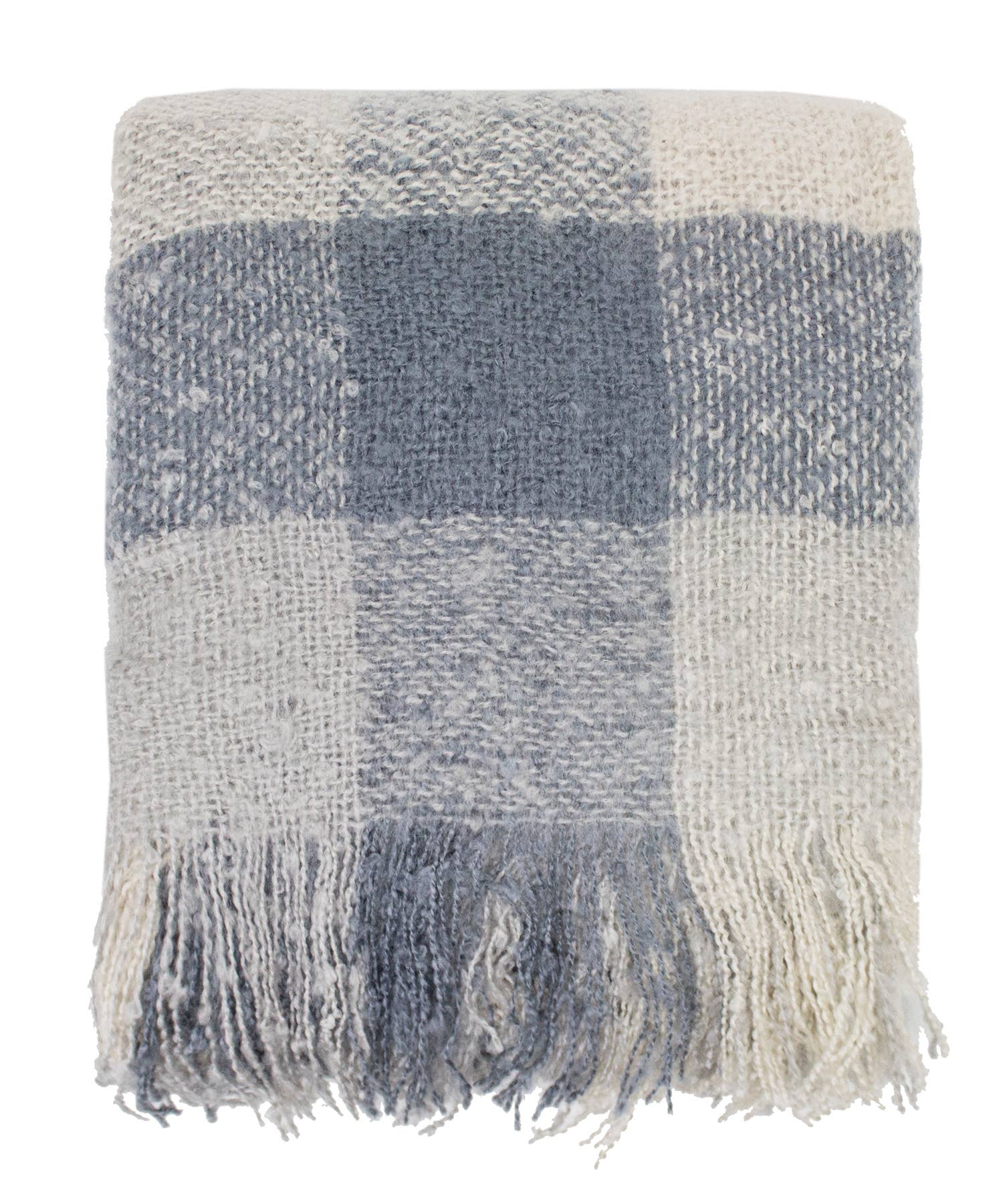 Fennco Styles – wholesale Throw blanket – Blue-Grey-White Faux Mohair Plaid Fringed Throw Blanket1