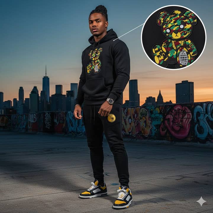 Adult " OG Camo Bear " Black Premium Fleece Jumpsuit for wholesale by War Ready