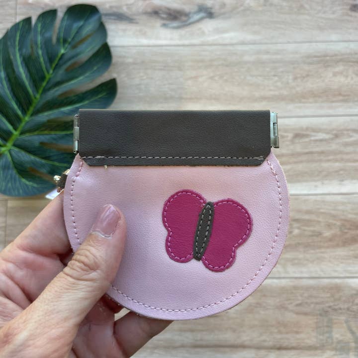 Porte-monnaie en cuir avec motif papillon, porte-monnaie rond pour la vente par Mally Designs