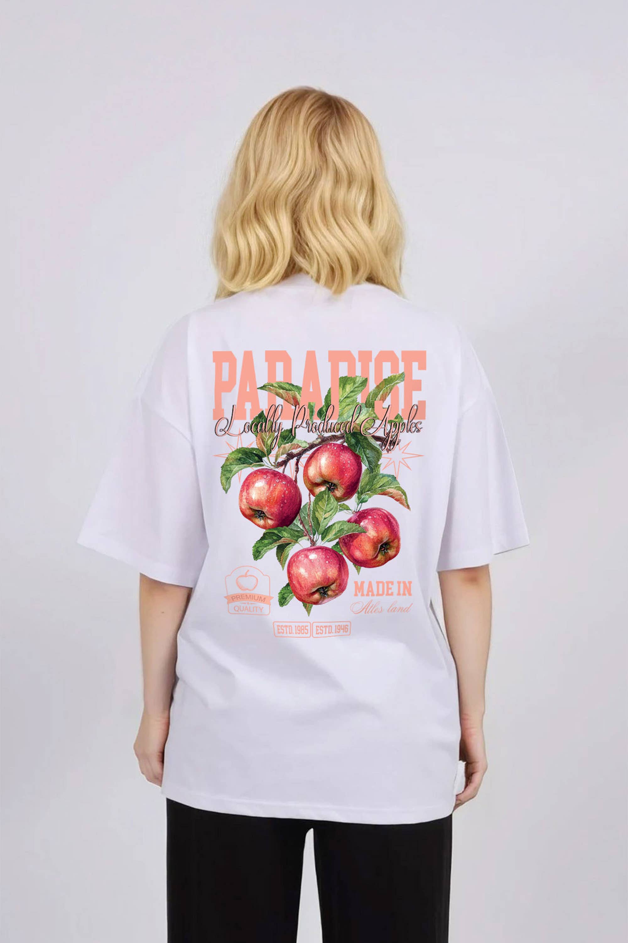White Women 150GSM Oversized T-Shirt In Paradise Apple Print for wholesale on Faire