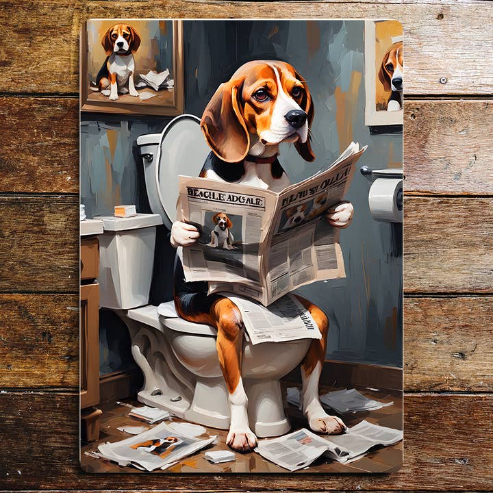 Beagle on the Toilet Newspaper Dog Dogs Metal Sign Plaque for wholesale by The British Metal Signs Company