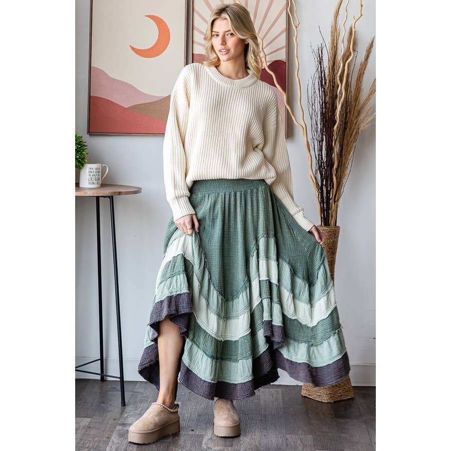 Oli&Hali – wholesale Skirt – Women’s – WASHED TIERED SMOCKED WAIST FLARE HEM SKIRT1