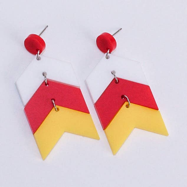 Chevron School Spirit Dangles - White/Red/Yellow for wholesale by Mud & Honey