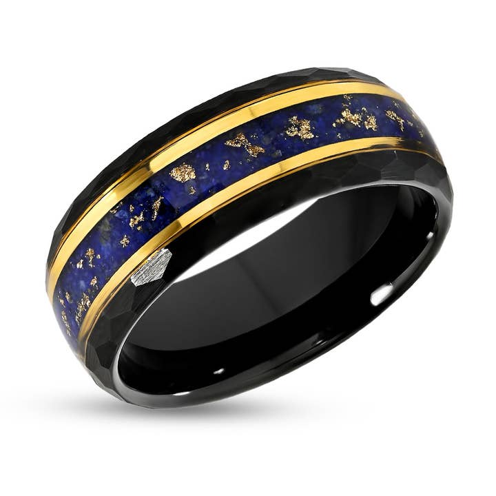 Blauwe Saffieren Ring - Zwarte Wolfraam Ring - Gehamerde Randen - Geelgouden Ring - 8mm (Kopie) voor wholesale door Lucky Love Rings
