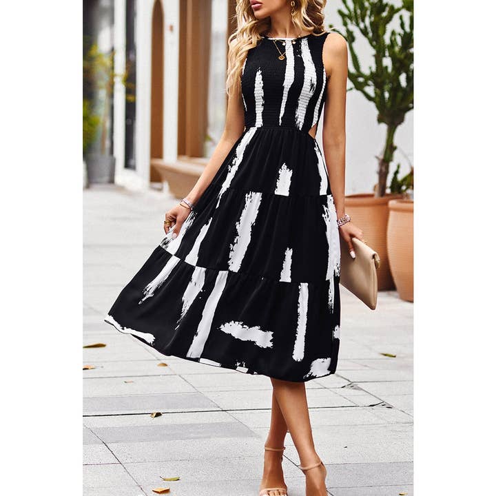 BLACK Floral Print Pocket Sleeveless Smocked Split Dress for wholesale on Faire0