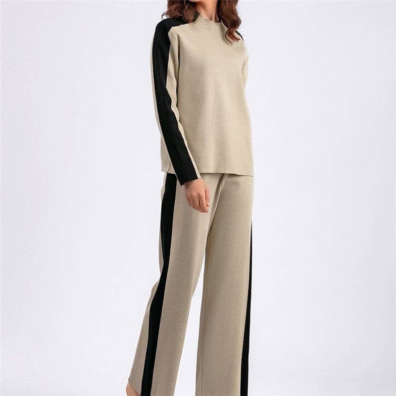 FurDecoration - Vente Ensemble de vêtements d'intérieur – femme - Ensemble de jogging avec pull à col rond et blocs de couleur2