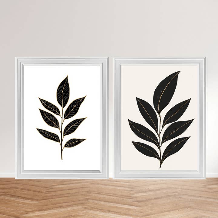 Stampe d'arte minimaliste in set – Stampe da parete botaniche nere e dorate | Japandi Art Prints per la vendita all'ingrosso da parte di LichtwegOnline