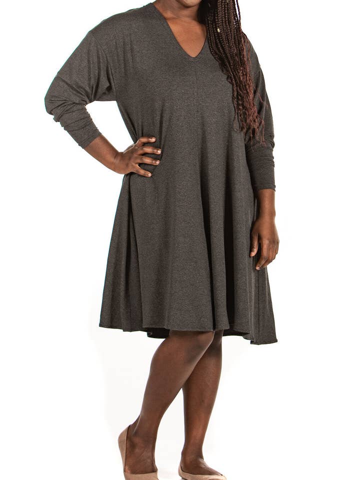 Knieriem Designs - Wholesale Dress - Women's - Oversized V-Neck Long Sleeve Dress in Charcoal or Navy