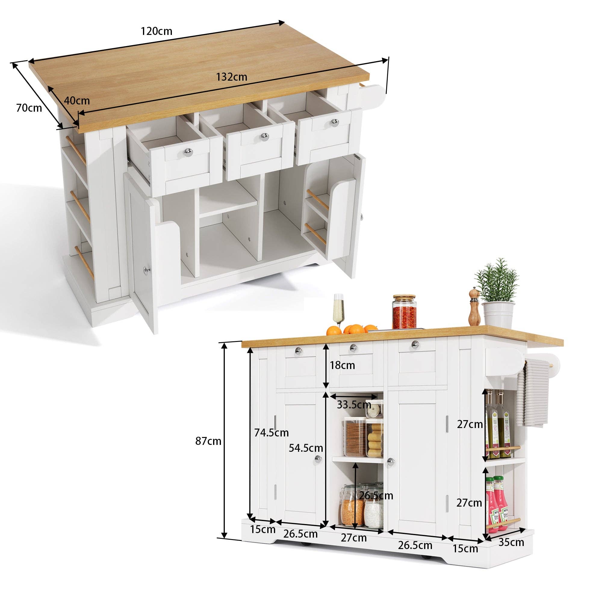 Urban Meuble - Wholesale Kitchen Storage/Organizer - White kitchen island with wood effect, extendable top, storage, and USB ports AMYLOPECT19