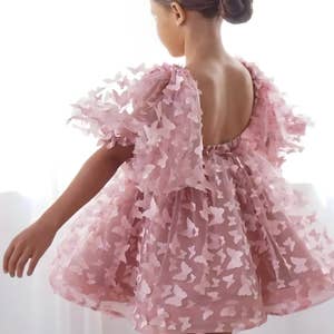 Glitter Pink Flower Girl Dress Ruffles Short Sleeves Scoop Neck Cute Baby  Girl Tutu Party Gown