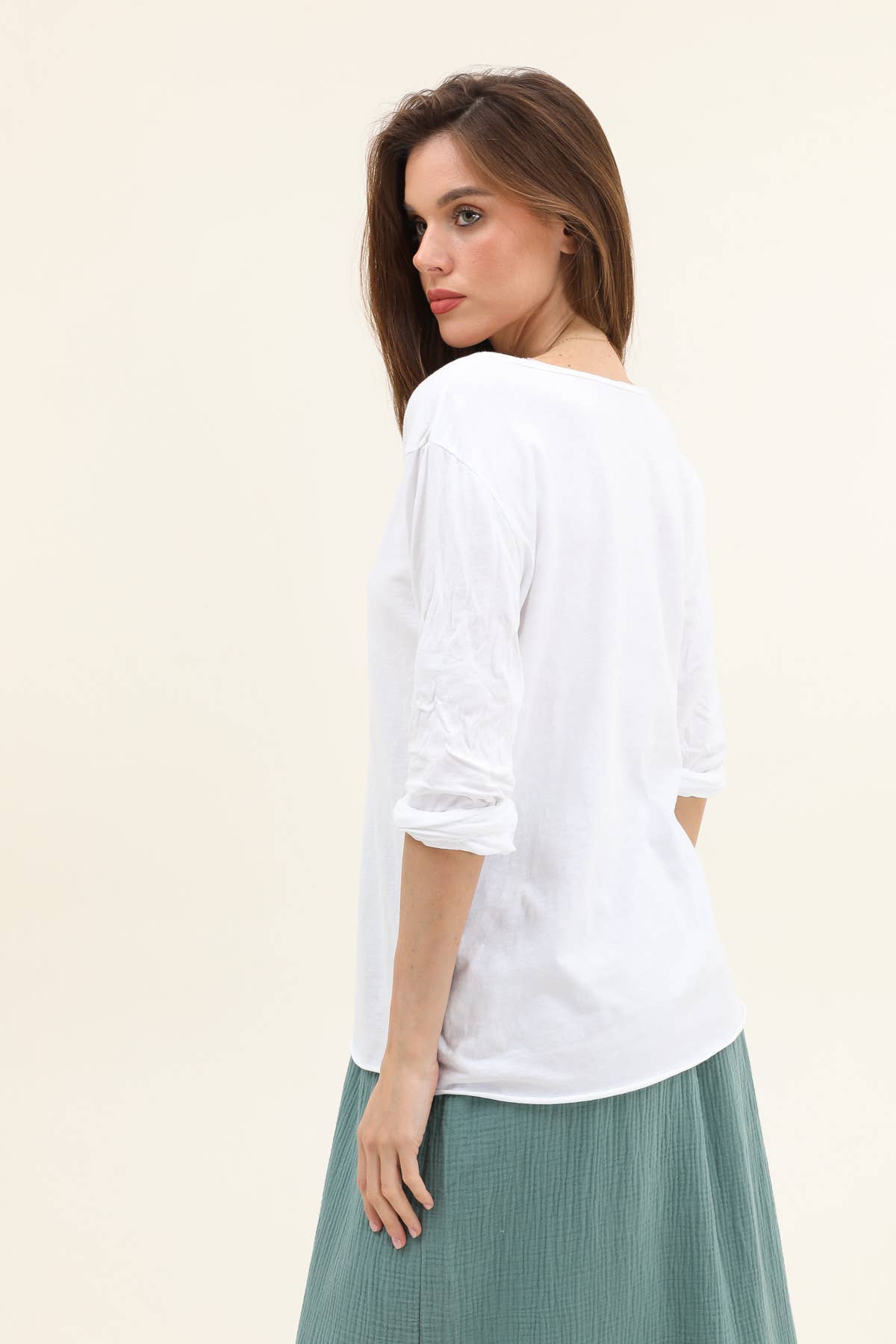 Moonsun - Wholesale T-Shirt - Women's - Plain long sleeve cotton T-shirt with Tunisian collar #303812