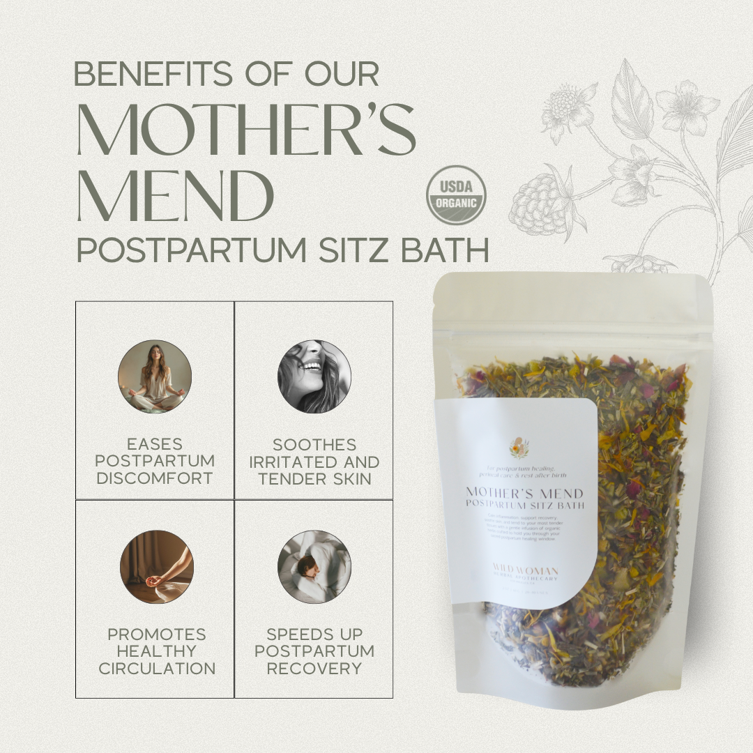 Wild Woman Herbal Apothecary - Wholesale Bath Soak/Milk - Mother’s Mend Postpartum Sitz Bath & Peri Bottle Herbs1