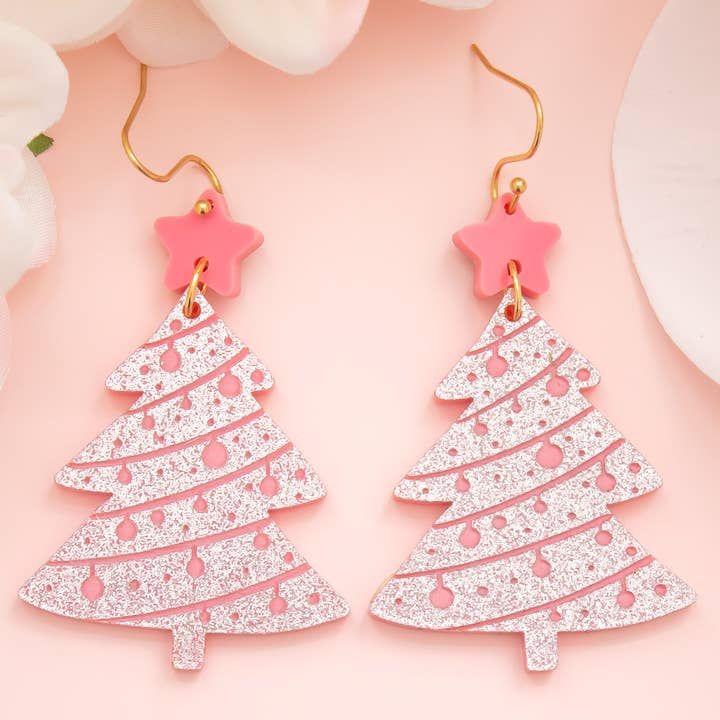 Pink Christmas Tree Earrings Glitter Holiday Acrylic Dangles for wholesale by Momenti di Vita