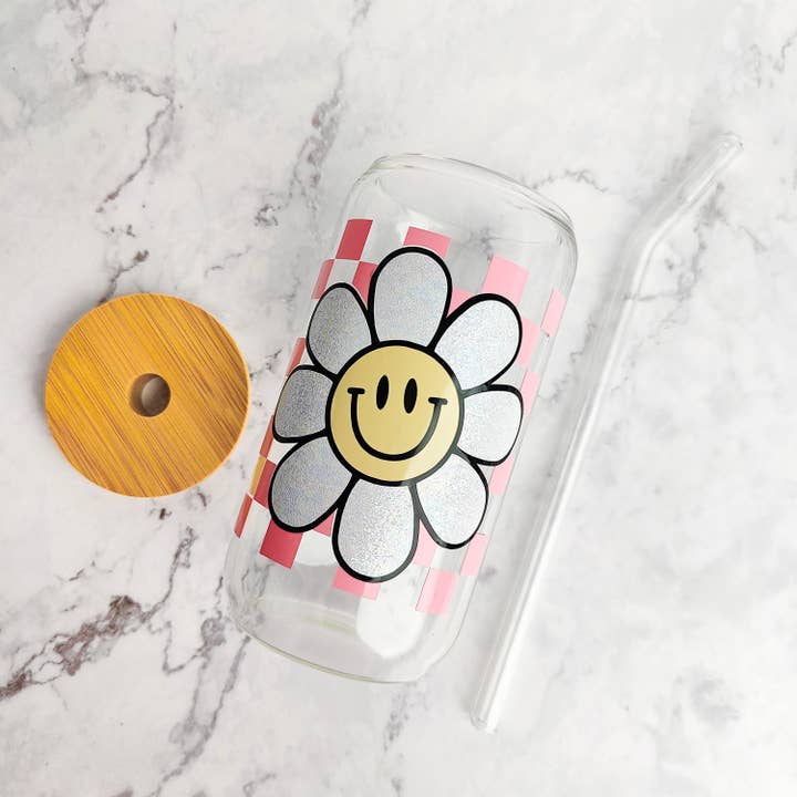 Happy Checkered Daisy Glass Cup, Floral Beer Can 16oz/20oz for wholesale by honeysheshome