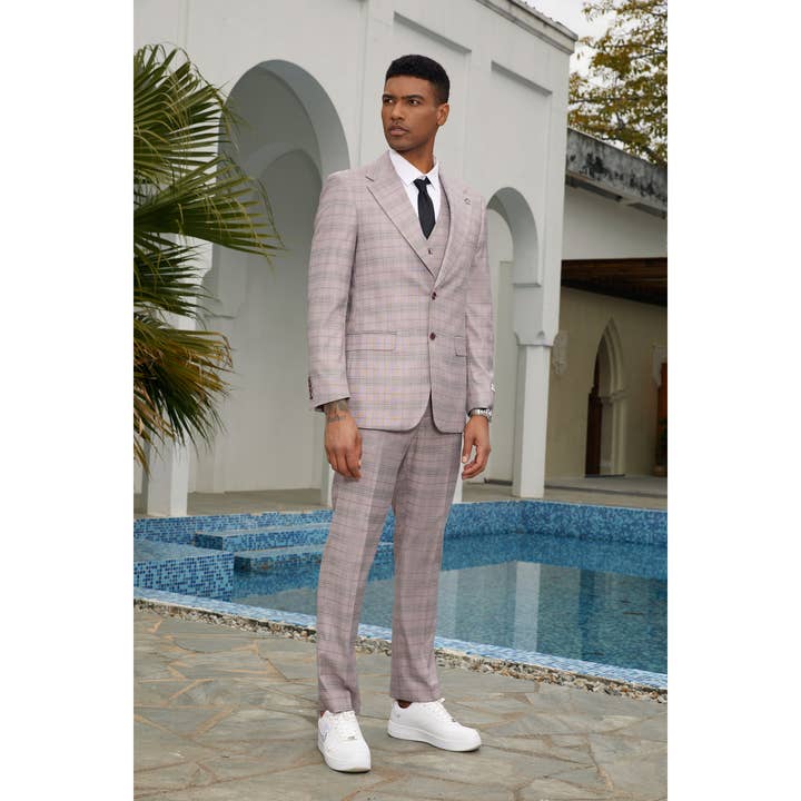 Suits America - Wholesale Suit Set - Men's - Stacy Adams 3pc Plaid Mens Suit w/ Wide Notch Lapel, Pink
