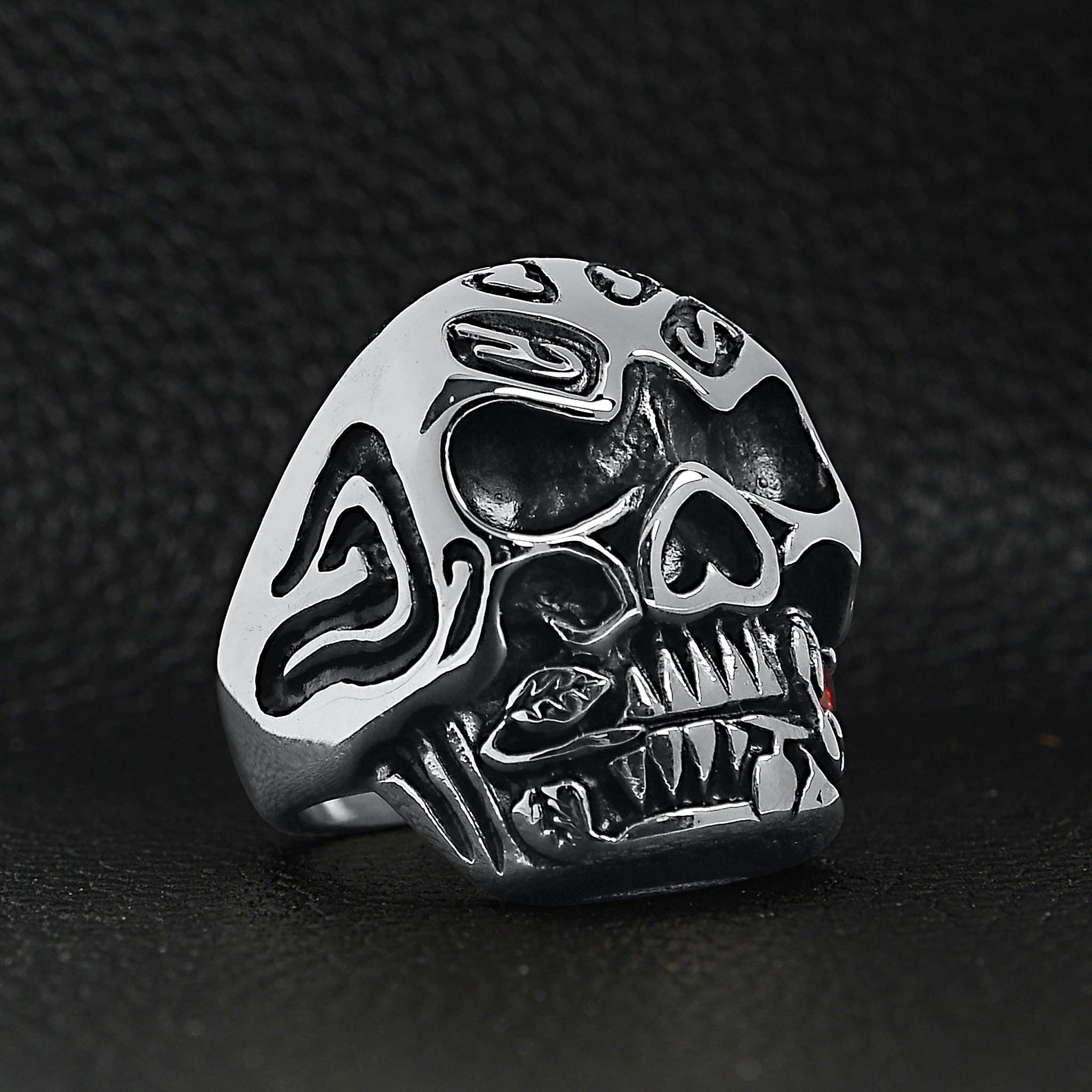 WJW – wholesale Cocktail/statement ring – Stainless Steel Skull Biting a Red CZ Accented Rose Ring2