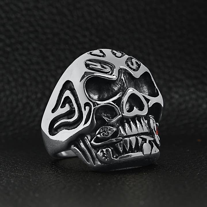 WJW – wholesale Cocktail/statement ring – Stainless Steel Skull Biting a Red CZ Accented Rose Ring2