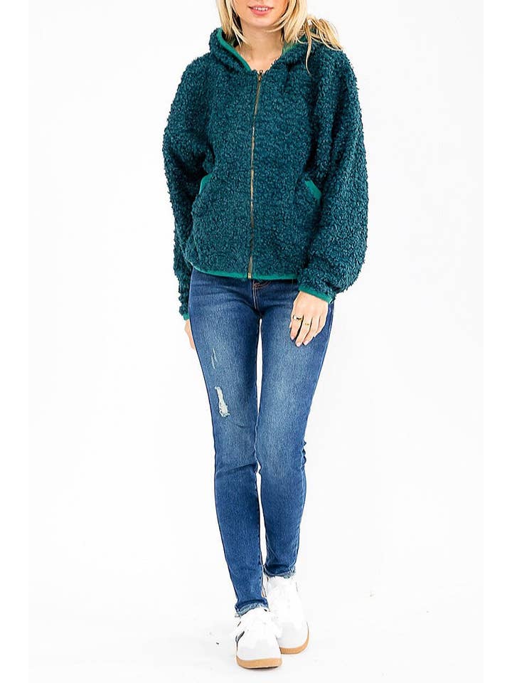 ROUSSEAU - Wholesale Jacket - Women's - SOLID SHERPA HOODED ZIP UP POCKET FRONT JACKET8