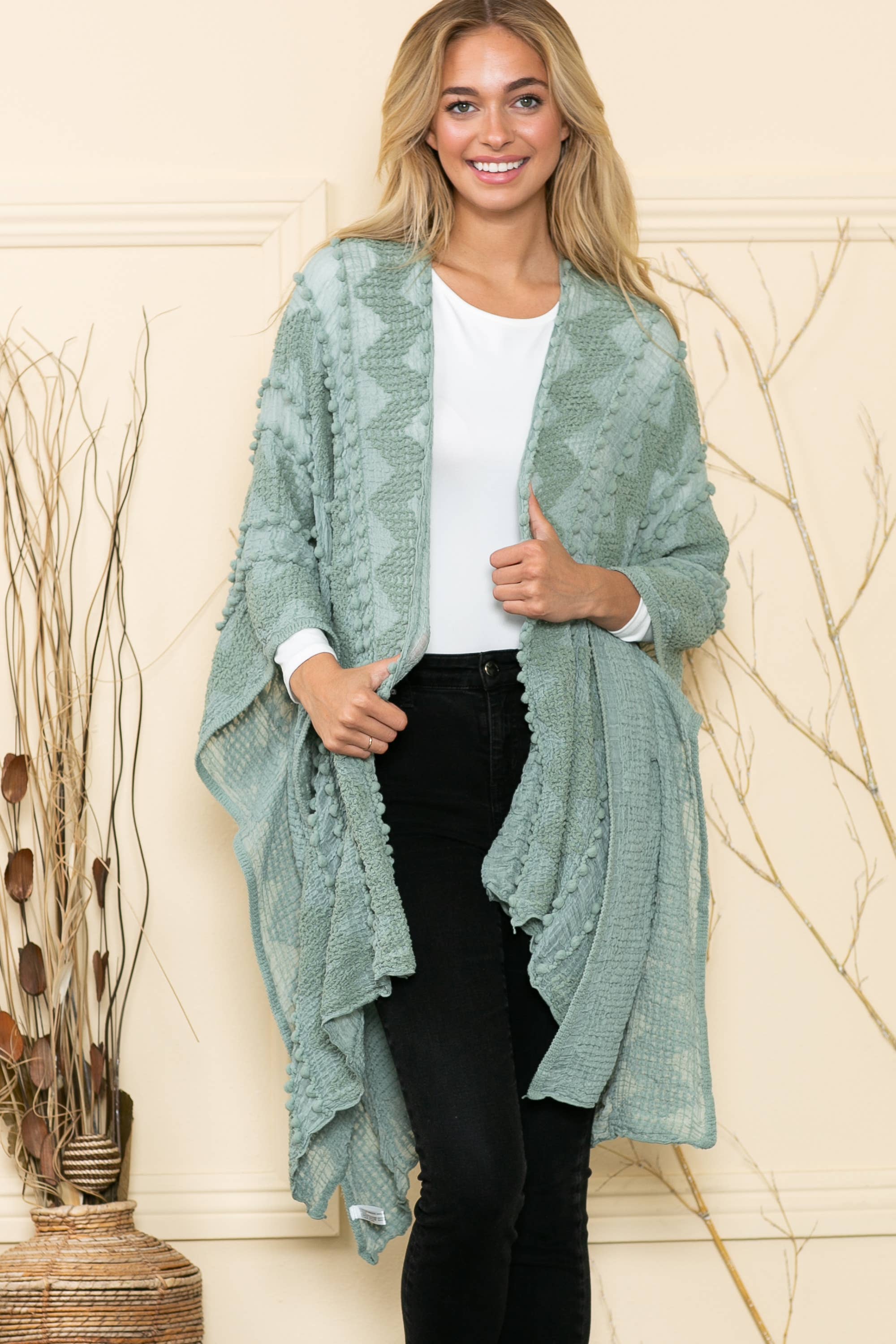 Justin & Taylor - Wholesale Kimono - Women's - Puffer-Up | Soft Textured Cover-Up Kimono With Pom Detail37