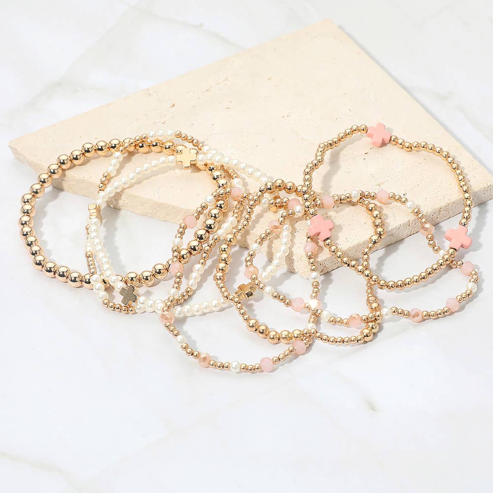 Sensibling Corp. - Wholesale Jewelry Set - 7PCS - Cross Pearl Metal Ball Beaded Stretch Multi Layered Bracelets14