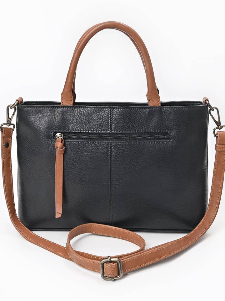 Black Leather Structured Satchel with Tan Accents for wholesale by Ganges Grain Inc