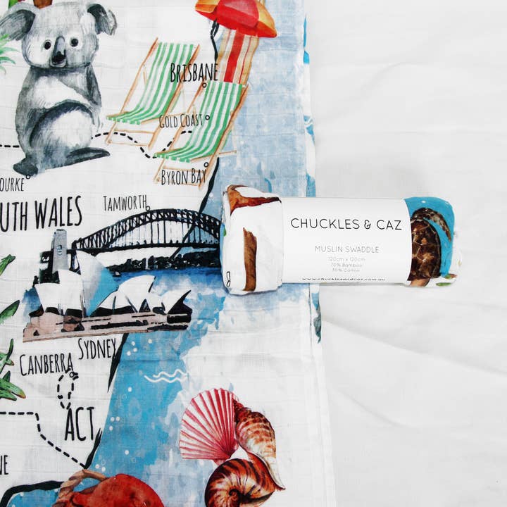 Chuckles & Caz – Engroshandel Svøb - Baby – Australsk akvarel kort Muslin Swaddle5