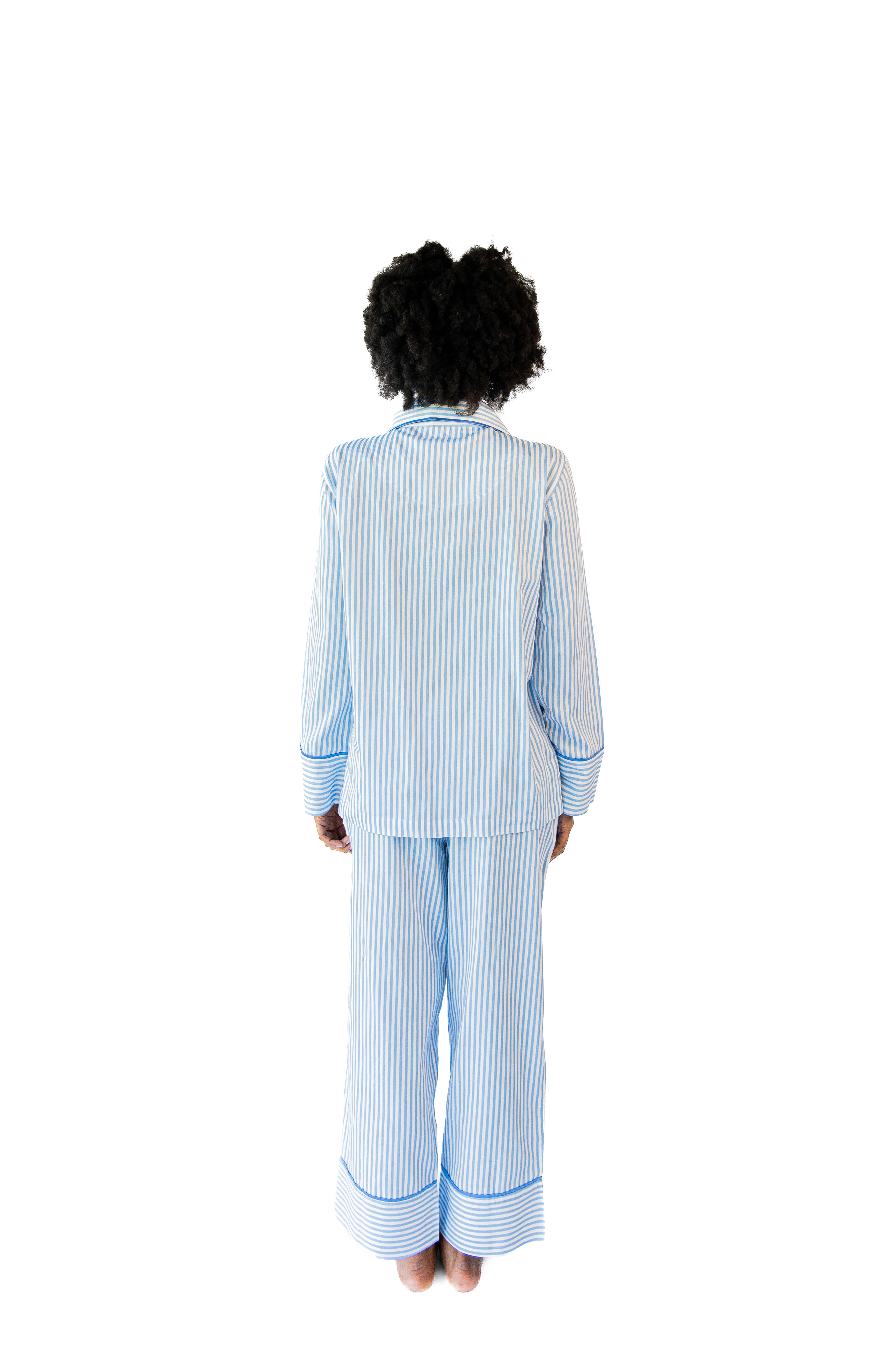 Bleu Ensemble de pyjama complet en satin de luxe à rayures fines - Bleu en vente sur Faire1
