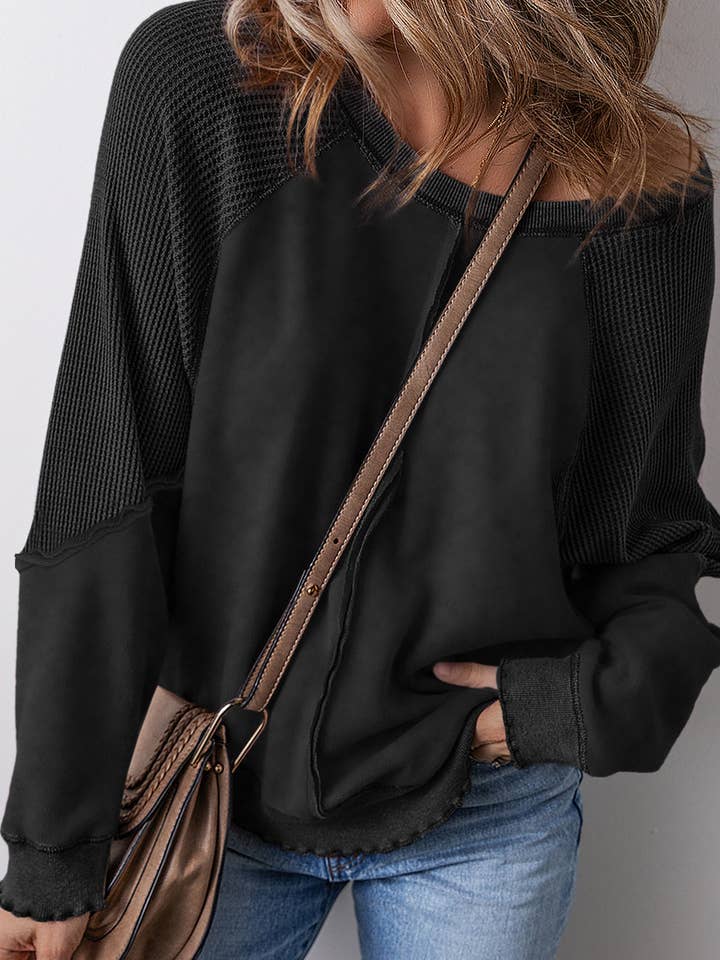 Suhkasana - Wholesale Sweatshirt - Women's - Solid Waffle Knit Patchwork Raglan Sleeve Sweatshirt