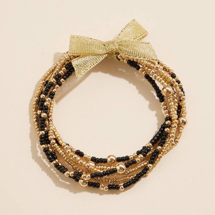 Frem - Wholesale Jewelry Set - Festive Mardi Gras Beaded Bracelet Set with Ribbon Detail