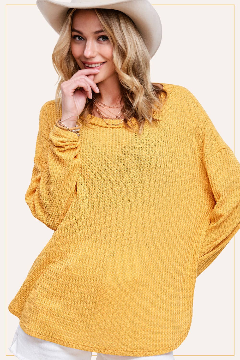 La Miel - Wholesale Tunic - Women's - HAT7566-Brushed Waffle Fabric Loose Fit Long Sleeve Top2