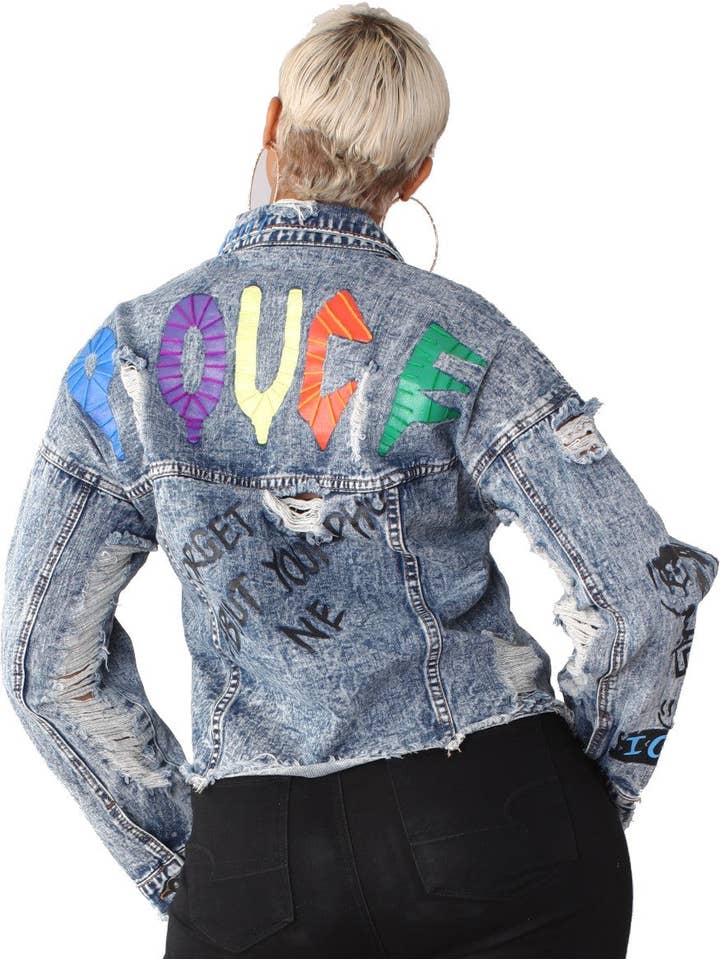For Her NYC - Wholesale Denim Jacket - Women's - 81723P Denim graffiti ripped jacket plus size